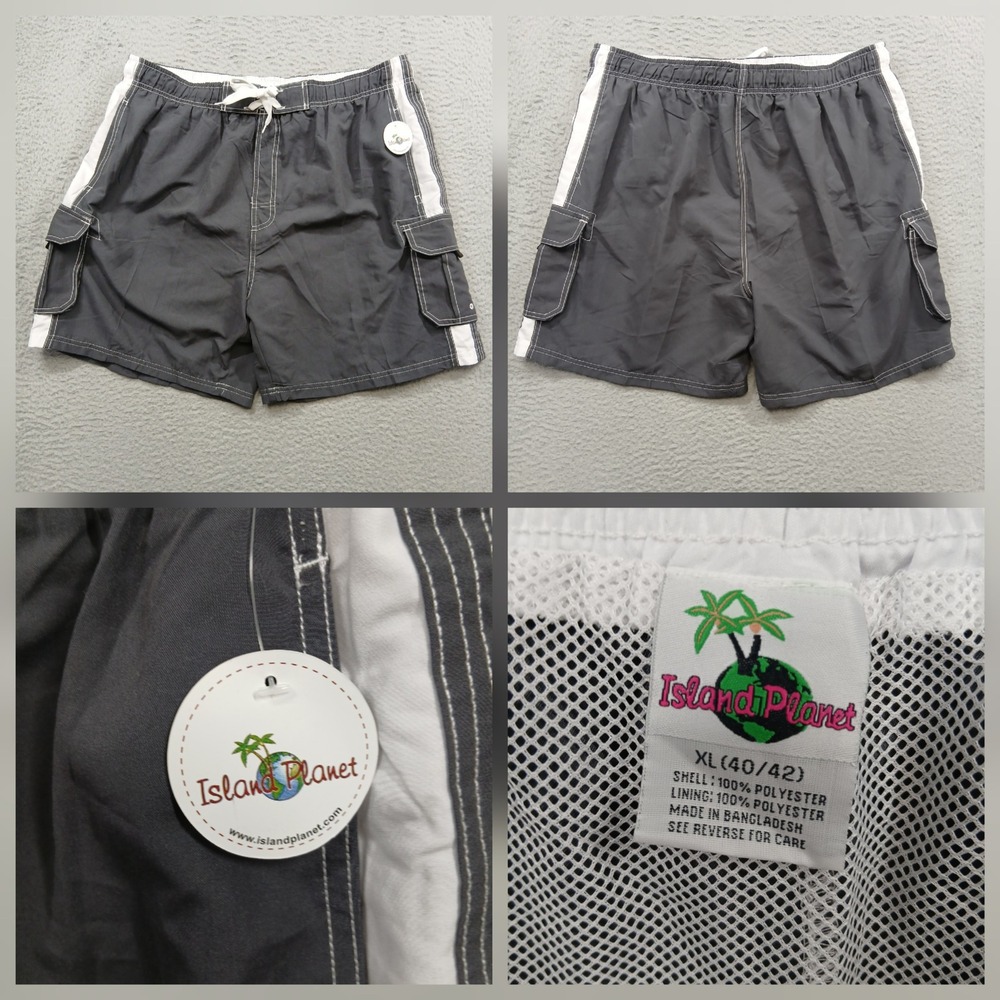 Island Planet Cargo Swim Trunks Mens XL 40/42 Grey White Mesh Lined NWT
